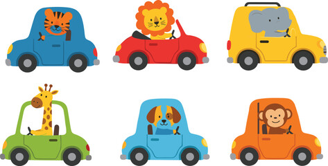 Set of cute cartoon animal characters including a lion tiger elephant giraffe dog and monkey driving colorful cars isolated on white background for kids. © Khorshed