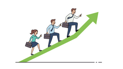 Fototapeta premium Dynamic group of diverse business people carry briefcases while walking upwards on a large rising green arrow.