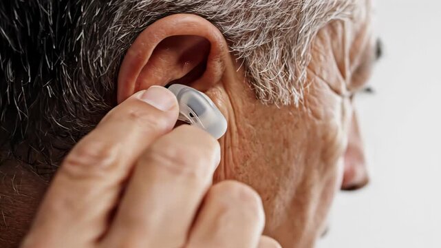 Senior male patient with hearing loss inserting a modern digital hearing aid into his ear canal for sound amplification and treatment, isolated on a white background for healthcare concepts
