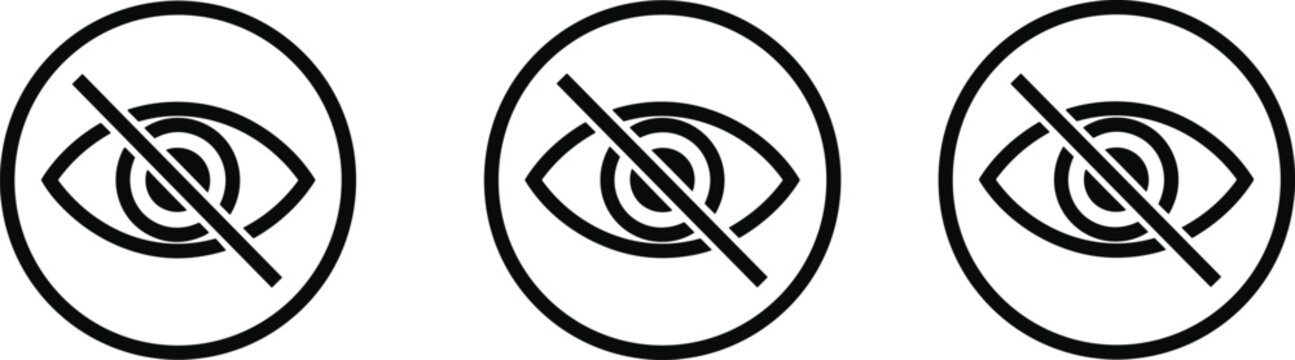 Set of eye with slash line privacy icons representing hidden content password visibility and data protection in black and white vector style