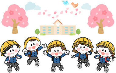 ランドセルを背負って笑顔で登校する　制服を着た新一年生のイラスト