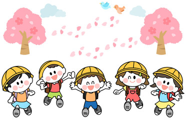 ランドセルを背負って笑顔で登校する　子どもたちのイラスト