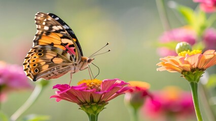 Close-up POV of a Painted Lady Butterfly Landing on a Pink Zinnia Flower in a Sunny Garden