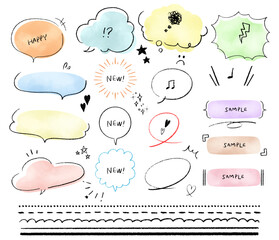 淡い水彩カラーと鉛筆手描きタッチ　吹き出しとライン素材