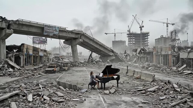 Cinematic zoom out of a lone woman pianist playing a grand piano in the middle of a devastated city street, surrounded by rubble, destroyed cars, and collapsed buildings in a post war scene