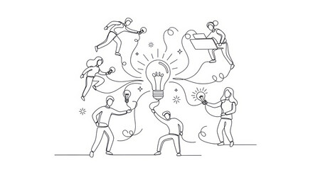 Teamwork and innovation: people collaborating around a bright idea light bulb
