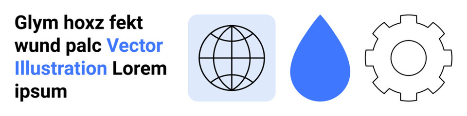Global connectivity, environmental sustainability, technology, innovation, problem-solving, industrial processes. Globe, water drop and gear symbols in a modern style. Global connectivity