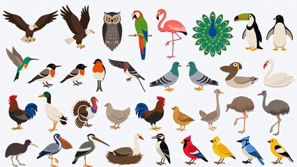 Naklejka premium Colorful Ornate Birds Illustration: Diverse Wildlife Art of Tropical Species and Avifauna with Vibrant Plumage and Feathers for Ornithology and Educational Decor.