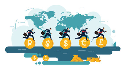 Obraz premium Diverse group of businessmen running on giant gold coins representing different global currencies with a world map in the background.