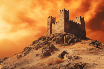 Perched on a hill, an enduring fortress stands resilient through time and the elements orange background