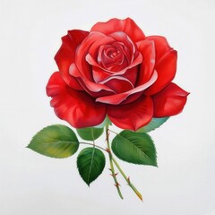 Fototapeta premium Watercolor painting of a vibrant red rose flower with lush green leaves on a white background