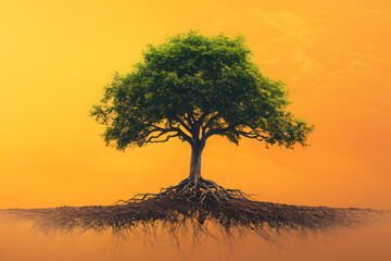 Green Tree with Exposed Roots on Orange Sky