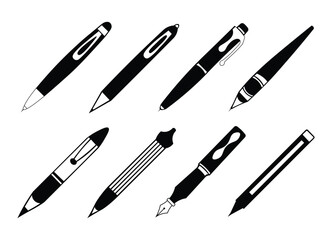 Fototapeta premium Pen and Pencil Icon Set – Writing Tools Silhouette Stationery Vector Collection
