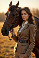 Obraz premium Portrait of elegant woman standing with horse in warm sunset light. Luxury equestrian lifestyle and countryside fashion concept.