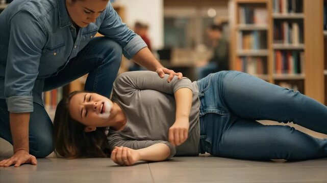 A person experiences an epilepsy episode in a public place while another person provides assistance and comfort.