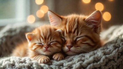 Naklejka premium Adorable Ginger Kittens Sleeping Peacefully Together on Cozy Blanket, Warm Bokeh Lights