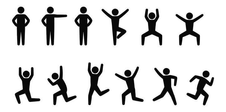 Stick figure icon set featuring basic movement poses, man gestures, human silhouettes, pictogram people symbols, and clean vector illustration