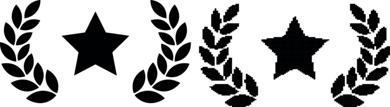 Black laurel wreath and star emblem design on transparent background