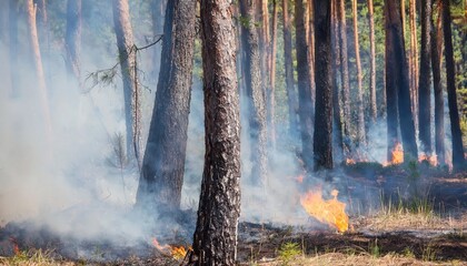 Fire engulfing trees in a dense forest, creating smoke and flames during a wildfire incident