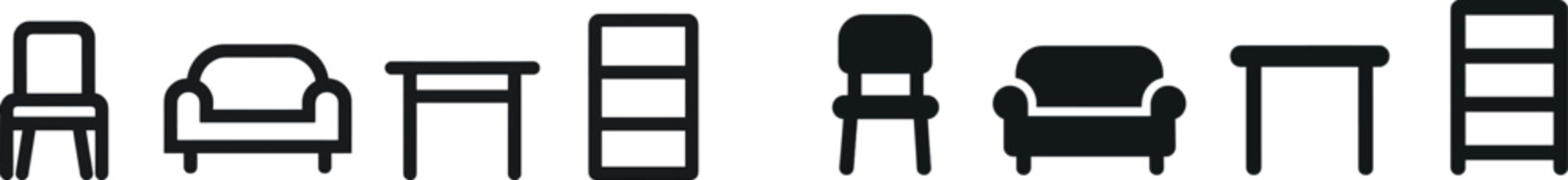 A collection of four pieces of minimalist furniture is displayed, including a chair, sofa, table, and bookshelf, showcasing a modern design suitable for various interiors.