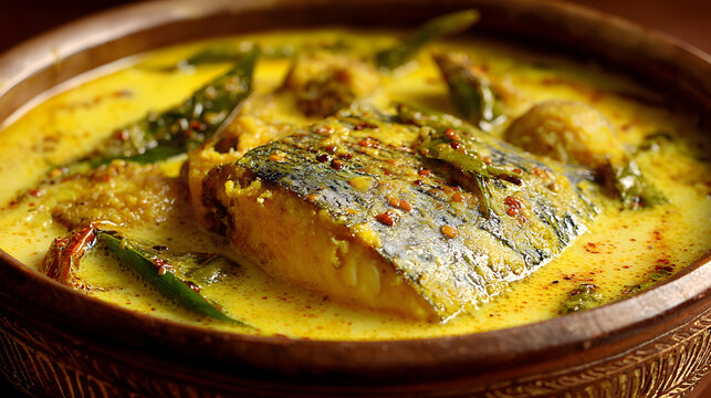 Hilsa fish curry in a traditional bowl. Bangladeshi food background illustration.