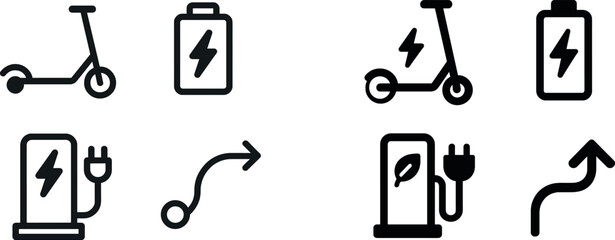 Symbols of an electric scooter, battery, charging station, and directional arrow mark the shift to eco-friendly urban transport, promoting sustainability and innovation.