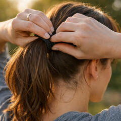 Fototapeta premium Hands Tying Hair into Summer Ponytail