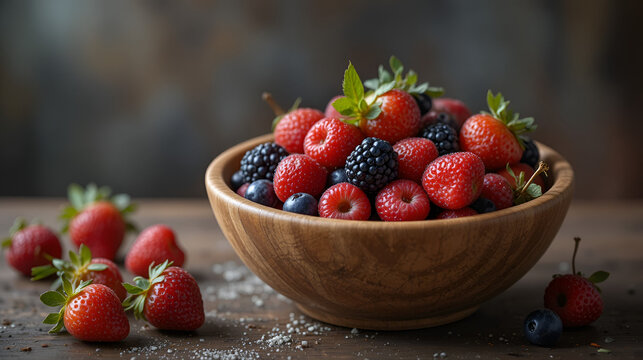 fresas y arandanos en bowl de madera