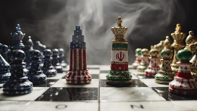 Chessboard with U.S. and Iran flag‑themed pieces, kings facing off amid smoke, symbolizing geopolitical rivalry, strategic conflict, and tense international relations.