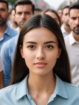 portrait of  young woman tanding  and looking at camera with straight face while crowds of men and women are whizzing around.