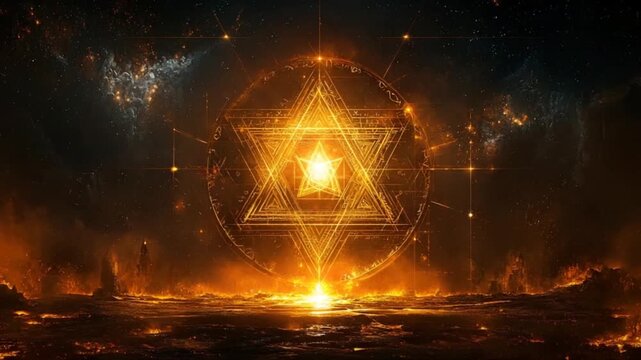 A luminous, golden symbol of cosmic proportions, bathed in the fiery glow of a desolate landscape.