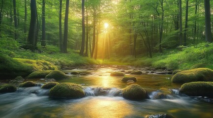 Obraz premium Serene forest stream with moss-covered rocks and golden sunlight beams filtering through tall green trees, calm flowing water and luminous reflections