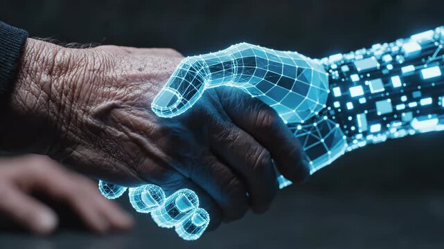 A powerful handshake symbolizing the collaborative future where human connection integrates with advanced digital technology and artificial intelligence