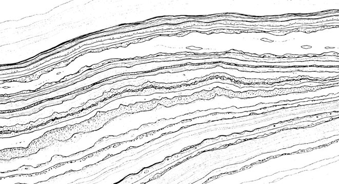 Detailed ink illustration of layered rock formations and geological strata, abstract natural patterns
