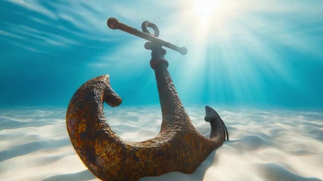 An old anchor sits on the sandy ocean floor while sunlight penetrates the water above, creating an underwater view