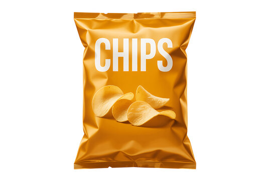 Gold bag of potato chips with three chips isolated on a transparent background