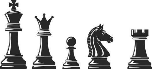  pieces silhouette set with king, queen, bishop, knight and rook isolated on white background, strategy board game illustration © MdMokter