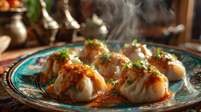 Ashak dumplings filled with spring onions and tomato sauce. Background illustration of traditional Afghan food.