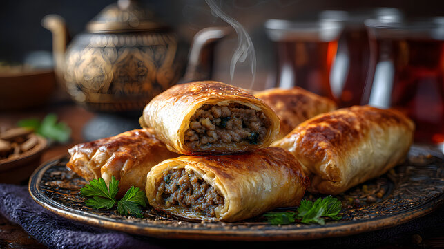 Fried bread rolls filled with minced meat. Illustration of Algerian bourek food background