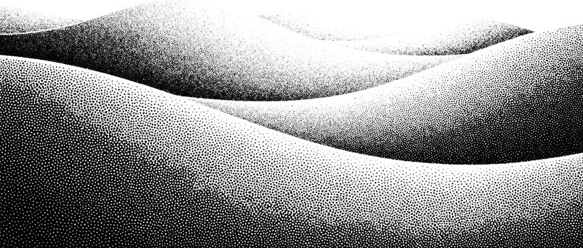 Seamless pattern of flowing dunes in stipple art, black and white abstract landscape background