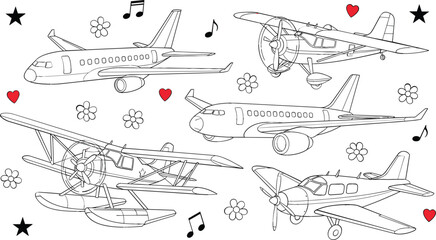 Cute cartoon airplane and aircraft line art vector set with different planes, doodle elements, and playful decorations for kids coloring, travel, and aviation designs © sumi