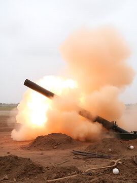 An artillery shell explodes upon impact, sending a plume of smoke and dust high into the air.