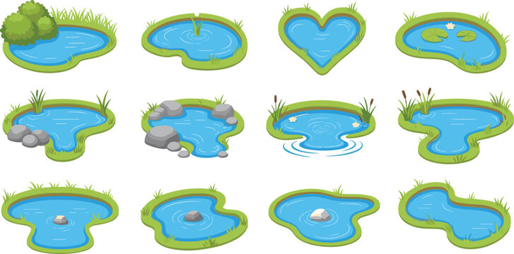 Cartoon pond and lake collection, blue water pools with grass stones and ripples, nature landscape vector illustration set