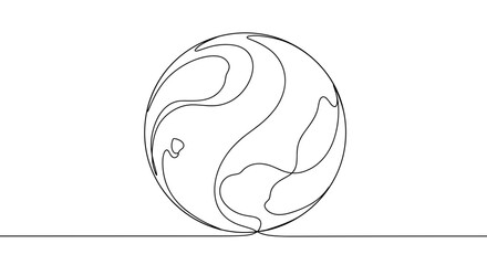 Monoline illustration of a stylized globe with abstract shapes and fluid lines on a transparent background