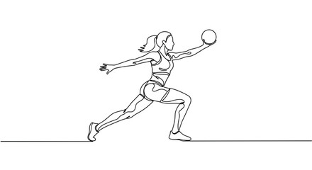 Fototapeta premium Monoline illustration of a young woman playing sports and throwing a ball on a transparent background with dynamic lines and simple design.