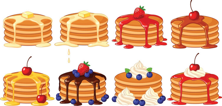 Pancake stack with syrup and berries collection, sweet breakfast dessert with butter cream and chocolate cartoon vector set
