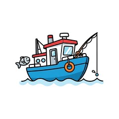 Fototapeta premium Cartoon Fishing Boat with Fisherman at Sea.