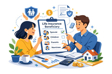 Young adults discussing life insurance plans with financial documents and calculator.