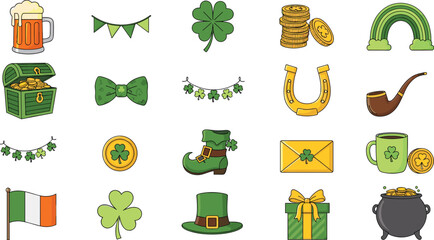 Fototapeta premium Saint Patricks Day symbols collection, Irish holiday icons with shamrock rainbow pot of gold beer and leprechaun hat vector set