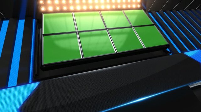 Sports News broadcast set with video green screen, professional broadcast Gallery background highlighting Coming up next on digital LCD board